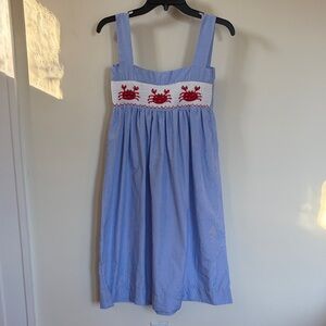 Smocktions Girls Smocked Crab Dress Blue Stripe Size 8 Handmade